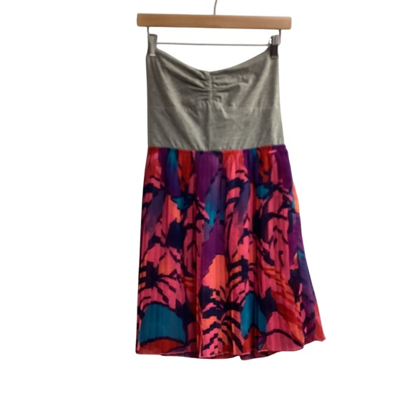 Roxy Strapless Dress Tropical Print Pleated Mini Dress Gray Top L - Picture 1 of 12